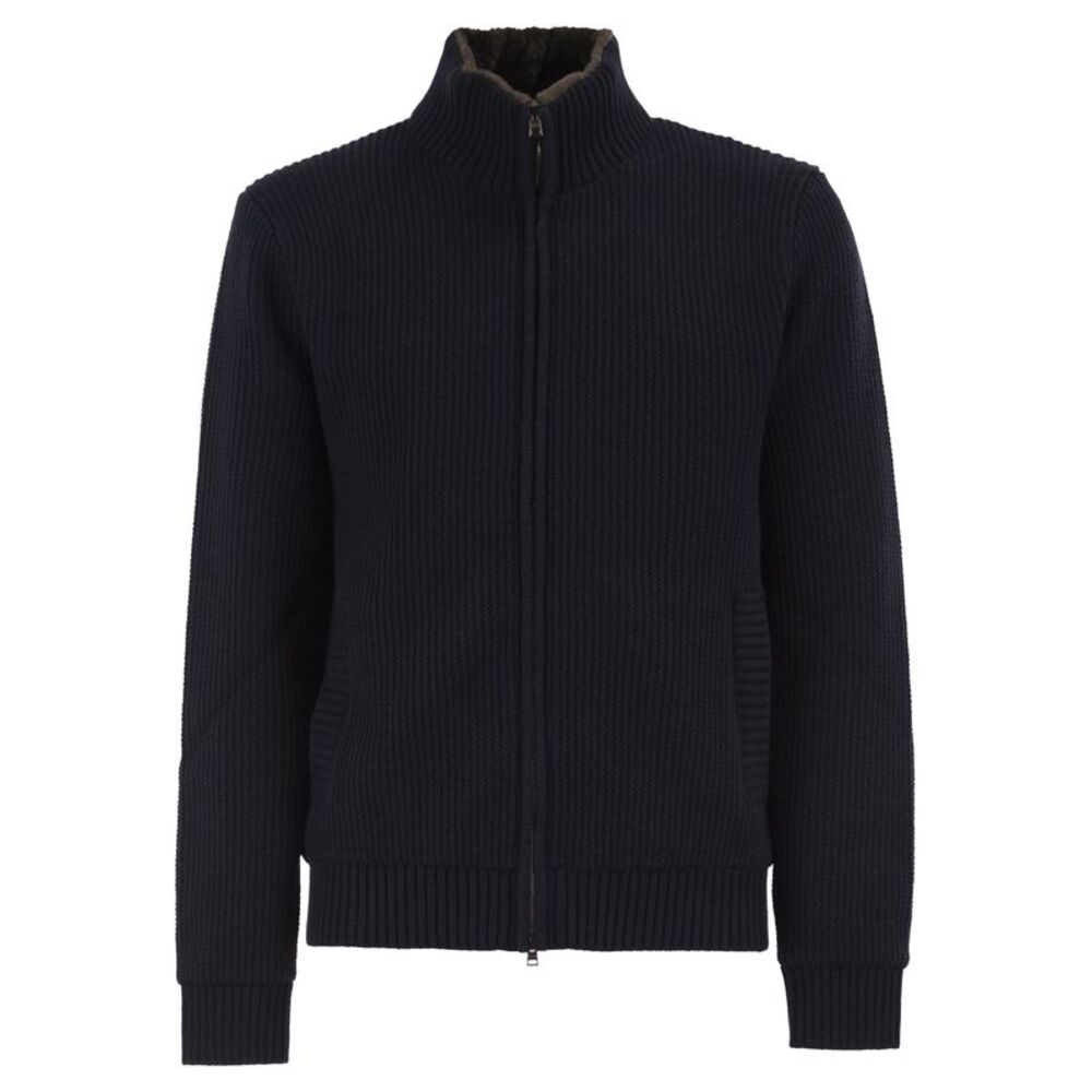 Herno Men Pure Wool Knit Jacket With High Collar And Faux Fur Lining